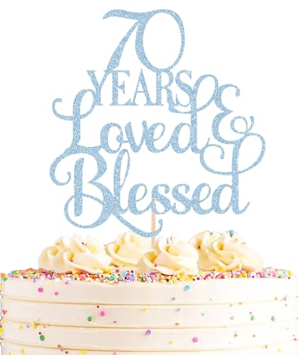 AHAORAY Tortenaufsatz mit Aufschrift "70 Years Loved", hellblau, glitzernd, 70. Geburtstag, perfekt für Fotoautomaten-Requisiten zum 70. Jahrestag oder Geburtstag von AHAORAY