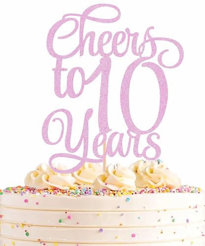 AHAORAY Tortenaufsatz mit Aufschrift "Cheers to 10 Years", rosa Glitzer, für 10. Geburtstag, Kuchendekoration, gesegnete 10-jährige Hochzeit, Jahrestag, Party-Dekorationen, Foto-Requisiten von AHAORAY