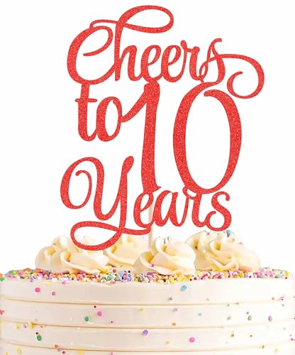AHAORAY Tortenaufsatz mit Aufschrift "Cheers to 10 Years", roter Glitzer, für 10. Geburtstag, Kuchendekoration, gesegnete 10-jährige Hochzeit, Jahrestag, Party-Dekorationen, Foto-Requisiten von AHAORAY
