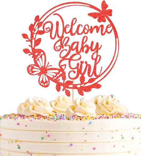 AHAORAY Tortenaufsatz mit Aufschrift "Welcome Baby Girl" – roter Glitzer, für Babyparty, Kuchendekoration, für Babyparty/Geburtstagsparty/Gender Reveal Party Photo Booth Requisiten von AHAORAY