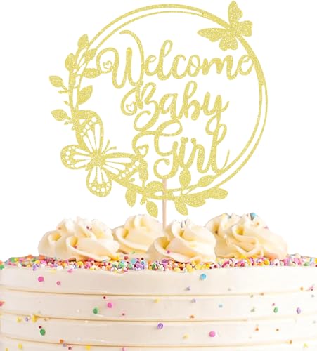 AHAORAY Welcome Baby Girl Cake Topper - Rose Gold Glitter Baby Shower Cake Decorations, Baby Girl Cake Topper, for Baby Shower/Birthday Party/Gender Reveal Party Photo Booth Props (Gold) von AHAORAY