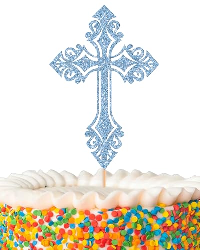 Kreuz-Kuchenaufsatz, glitzernd, himmelblau, Taufe, Kuchendekoration für Babyparty, Gott Segen oder Kommunion (Himmelblau) von AHAORAY