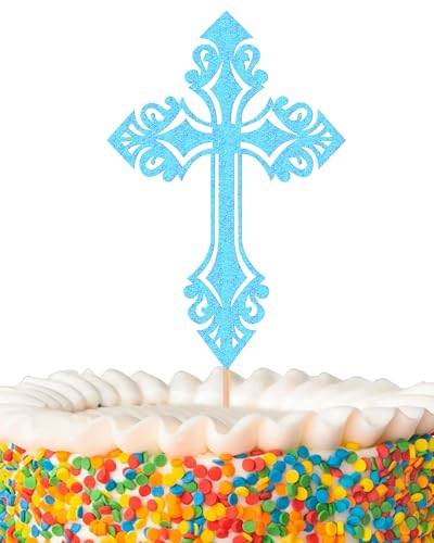 Kreuz-Kuchenaufsatz – Glitzer, hellblau, Taufkuchendekoration für Babyparty, Gottessegen oder Heilige Kommunion (hellblau) von AHAORAY