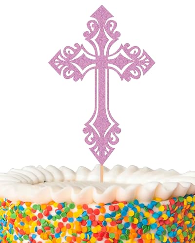 Kreuz-Kuchenaufsatz – glitzernde lila Taufkuchendekoration für Babyparty, Gottessegen oder Heilige Kommunion (lila) von AHAORAY