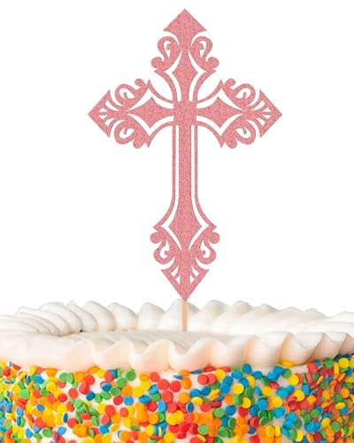 Kreuz-Kuchenaufsatz – glitzernde rosa Tauf-Kuchendekoration für Babyparty, Gottessegen oder Heilige Kommunion (Rosa) von AHAORAY