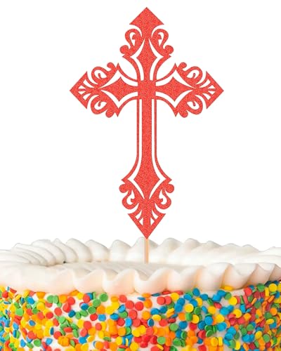 Kreuz-Kuchenaufsatz – glitzernde rote Tauf-Kuchendekoration für Babyparty, Gottessegen oder Heilige Kommunion (rot) von AHAORAY
