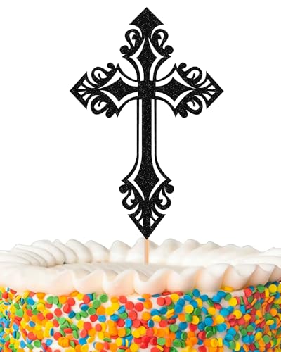 Kreuz-Kuchenaufsatz – glitzernde schwarze Tauf-Kuchendekoration für Babyparty, Gottessegen oder Heilige Kommunion (schwarz) von AHAORAY