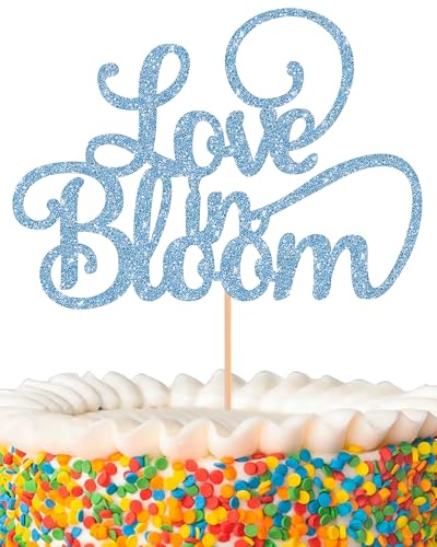 Tortenaufsatz "Love in Bloom", glitzernd, Himmelblau, Brautparty, Kuchendekoration, Hochzeits- und Verlobungs-Kuchenspieß (Himmelblau) von AHAORAY