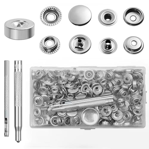 Druckknopf Set mit Zange, 240 Stück Druckknöpfe ohne Nähen, 15mm Edelstahl Druckknöpfe mit Zange, Inklusive 5-teiliges Werkzeugset, Transparente Aufbewahrungsbox für Kleidung, Leder und DIY Handwerk von AHEJIOO