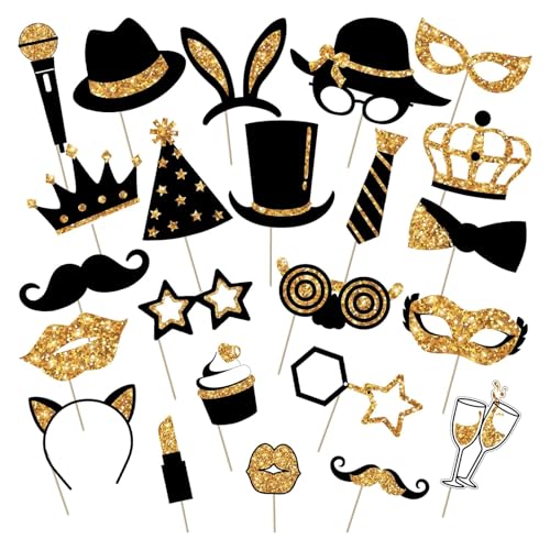 Fotobox Accessoires, Goldene Foto Requisiten Für Hochzeit, Geburtstag Und Feiern, 24 Teile Set Mit Lustigen Props, Ideal Für Fotobox Accessoires Und Kreative Fotos von AHEJIOO