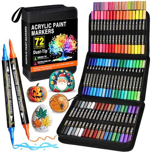 Acrylstifte Set 72 Farben, Dual Tip Acrylic Paint Marker mit Feiner Spitze und Pinsel, Acrylmarker Wasserfest für Steine Holz Ostereier Glas Keramik Leinwand und Papier, Acrylfarben Stifte Kinder von AHIKY