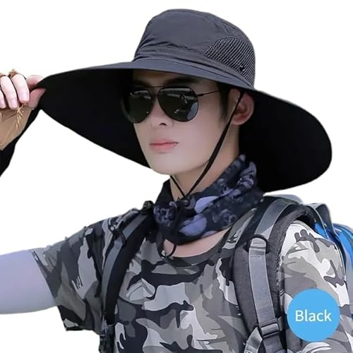 AHIOJEGX Fischerhut Sommer Sonnenhut mit großer Krempe for Männer und Frauen, atmungsaktive Angelkappen, Sonnenschutz, UV-Schutz, Netzstoff, Fischerhut, Wandern, Outdoor, Strandkappe(Black) von AHIOJEGX
