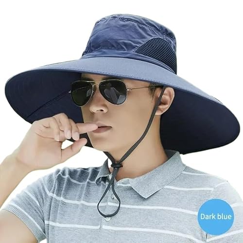 AHIOJEGX Fischerhut Sommer Sonnenhut mit großer Krempe for Männer und Frauen, atmungsaktive Angelkappen, Sonnenschutz, UV-Schutz, Netzstoff, Fischerhut, Wandern, Outdoor, Strandkappe(Dark Blue) von AHIOJEGX