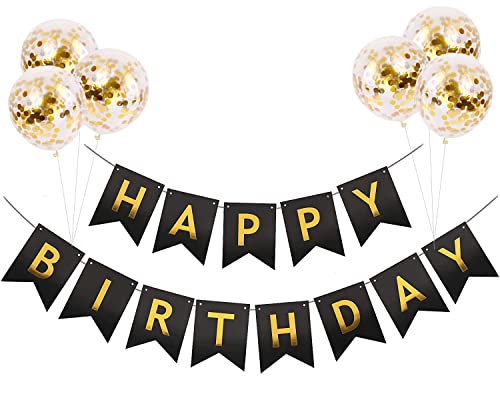 Happy Birthday Girlande Schwarz, Happy Birthday Banner mit 6 Gold Konfetti Luftballons, Geburtstag Happy Birthday Deko, Geburtstagsfeier von AHOMAME