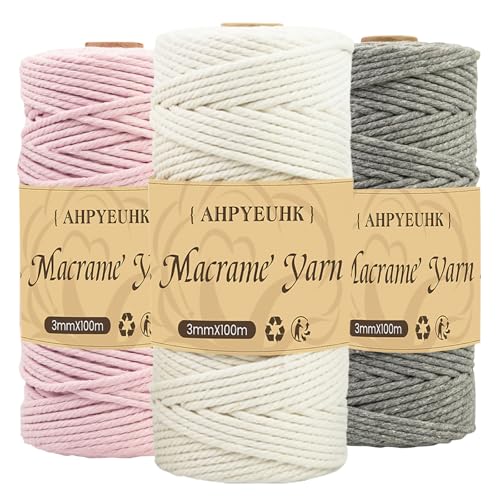 3 Stück Makramee Garn 3mm x 100m Baumwollgarn Baumwollschnur DIY Handwerk Baumwollkordel Natur für Hängepflanze Pflanze Aufhänger,Boho Deko,Traumfänger (Dunkelgrau beige Hellrosa) von AHPYEUHK