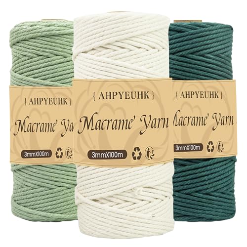 3 Stück Makramee Garn 3mm x 100m Baumwollgarn Baumwollschnur DIY Handwerk Baumwollkordel Natur für Hängepflanze Pflanze Aufhänger,Boho Deko,Traumfänger (Dunkelgrün Beige Hellgrün) von AHPYEUHK