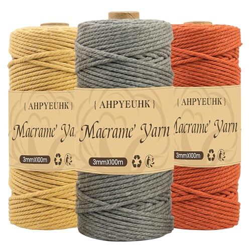 3 Stück Makramee Garn 3mm x 100m Baumwollgarn Baumwollschnur DIY Handwerk Baumwollkordel Natur für Hängepflanze Pflanze Aufhänger,Boho Deko,Traumfänger (Kaffee Sonstiges Rot dunkelgrau) von AHPYEUHK