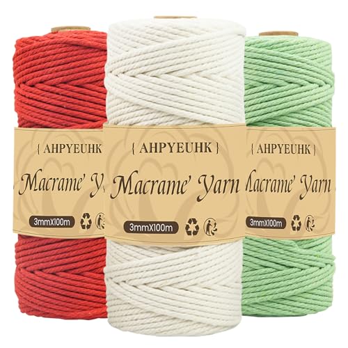 3 Stück Makramee Garn 3mm x 100m Baumwollgarn Baumwollschnur DIY Handwerk Baumwollkordel Natur für Hängepflanze Pflanze Aufhänger,Boho Deko,Traumfänger (Rot Beige Grün) von AHPYEUHK