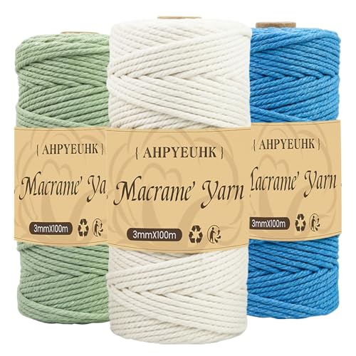 3 Stück Makramee Garn 3mm x 100m Baumwollgarn Baumwollschnur DIY Handwerk Baumwollkordel Natur für Hängepflanze Pflanze Aufhänger,Boho Deko,Traumfänger (Seeblau Beige Hellgrün) von AHPYEUHK