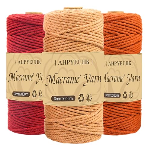 3 Stück Makramee Garn 3mm x 100m Baumwollgarn Baumwollschnur DIY Handwerk Baumwollkordel Natur für Hängepflanze Pflanze Aufhänger,Boho Deko,Traumfänger (Weinrot Sonstiges Rot Ziegelrot) von AHPYEUHK
