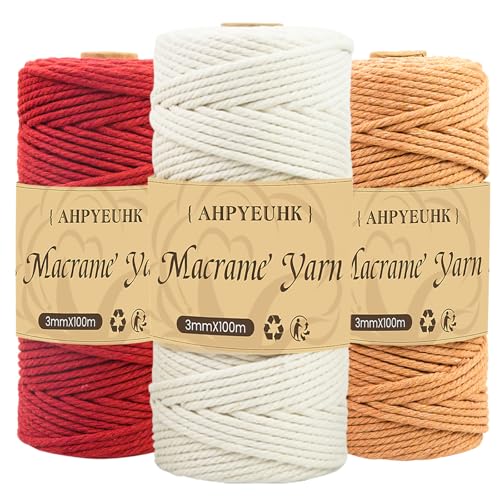 3 Stück Makramee Garn 3mm x 100m Baumwollgarn Baumwollschnur DIY Handwerk Baumwollkordel Natur für Hängepflanze Pflanze Aufhänger,Boho Deko,Traumfänger (Ziegelrot beige Weinrot) von AHPYEUHK