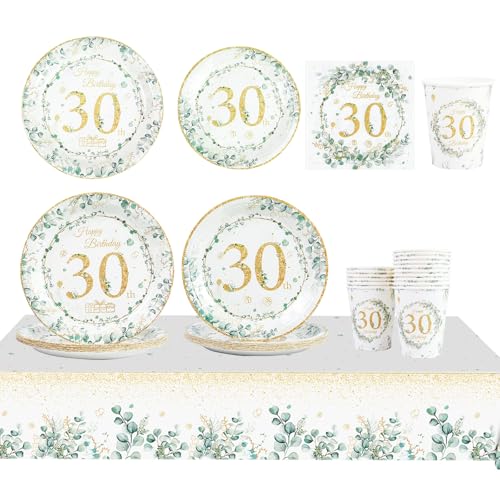 65-teiliges Geburtstagsparty-Dekorationen, Pappteller, 17,8 cm und 22,9 cm, Servietten, Servietten und Becher, Eukalyptus-Tischdecke, Happy Birthday-Partygeschirr, Tischdekoration (30. Geburtstag) von AHPYEUHK