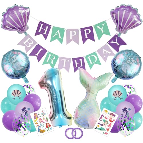 Geburtstagsdeko Mädchen Feen Geburtstag Deko Kindergeburtstags 1st Year Old Happy Birthday Banner, Folienballon Lila Mintgrüne Luftballons, Fischschwanz-Dekorationen Für Geburtstagsparty von AHPYEUHK