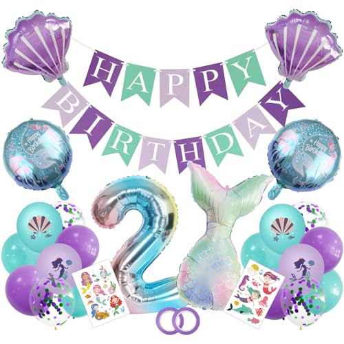 Geburtstagsdeko Mädchen Feen Geburtstag Deko Kindergeburtstags 2 years old Happy Birthday Banner, Folienballon Lila Mintgrüne Luftballons, Fischschwanz-Dekorationen Für Geburtstagsparty von AHPYEUHK