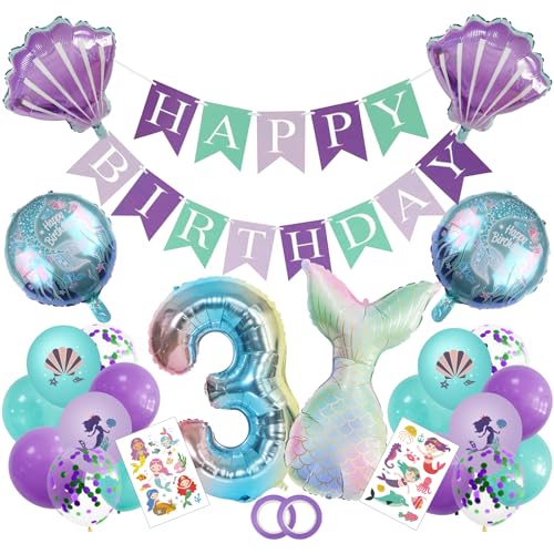 Geburtstagsdeko Mädchen Feen Geburtstag Deko Kindergeburtstags 3 Years Old Happy Birthday Banner, Folienballon Lila Mintgrüne Luftballons, Fischschwanz-Dekorationen Für Geburtstagsparty von AHPYEUHK