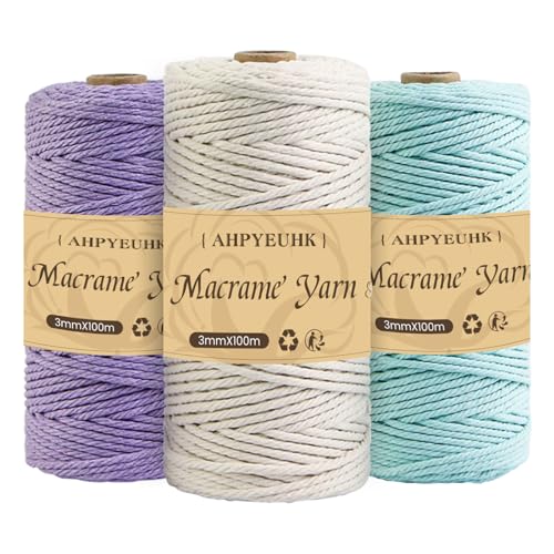 Makramee Garn 3mm X 100m,3 Stuck Makramee Baumwollgarn Baumwollschnur Natur Bastelschnur Makramee Zubehör Für DIY Basteln Stricken, Boho Wandbehang Deko,Traumfänger (Aquablau + Beige + Violett) von AHPYEUHK