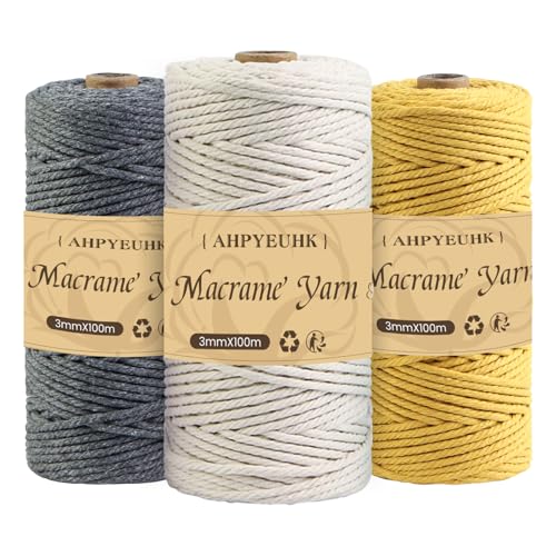 Makramee Garn 3mm X 100m,3 Stuck Makramee Baumwollgarn Baumwollschnur Natur Bastelschnur Makramee Zubehör Für DIY Basteln Stricken, Boho Wandbehang Deko,Traumfänger (Dunkelgrau+Beige+Kurkuma) von AHPYEUHK