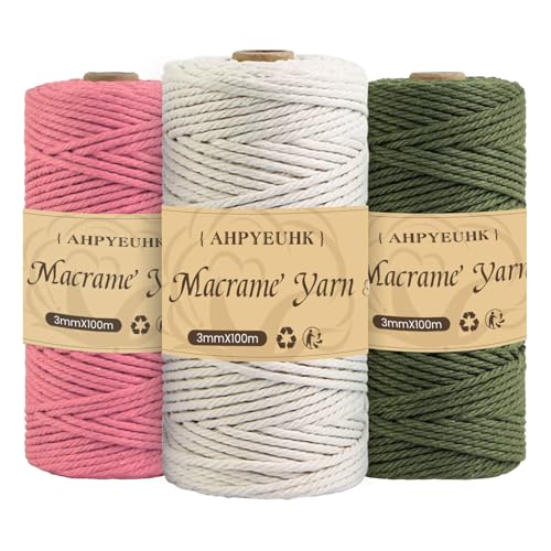 Makramee Garn 3mm X 100m,3 Stuck Makramee Baumwollgarn Baumwollschnur Natur Bastelschnur Makramee Zubehör Für DIY Basteln Stricken, Boho Wandbehang Deko,Traumfänger (rosa+Beige+Grün) von AHPYEUHK