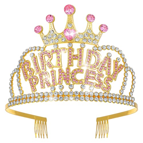 AHQiZFX Birthday Princess Krone,Geburtstag Kronen Mädchen Stirnband,Gold Geburtstag Kristall Tiara Krone,Kronprinzessin Party Zubehör für Frauen Mädchen Geburtstagparty Haarschmuck Gefälligkeitendeko von AHQiZFX