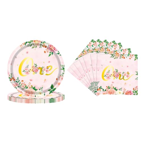AIBAOBAO 1. Geburtstag Mädchen Deko Party Geschirr Pappteller Set, Rosa Blumen Partygeschirr Set für 24 Gäste, Einweg Geburtstag Partygeschirr, Tischdeko enthalten Party Essteller Servietten von AIBAOBAO