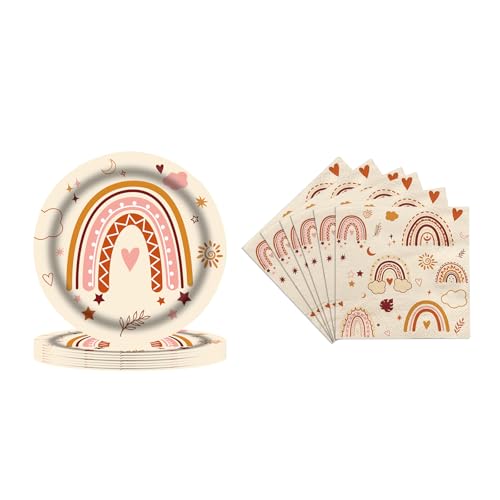 AIBAOBAO 32 Stück Regenbogen Geburtstag Partygeschirr, Kindergeburtstag Deko, Boho Geburtstag Party Geschirr, 16 x 7″ Teller und 16 x Papierhandtücher für Hauspartys Kinderpartys (16 Persone) von AIBAOBAO