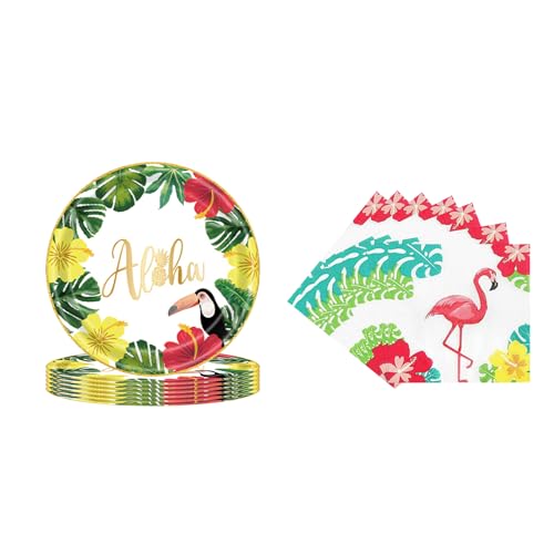 AIBAOBAO 36 Stück Hawaii Partygeschirr - Sommerliches Partyzubehör mit 7 inch Papptellern und Servietten, Papier Teller Servietten für Mädchen Kinder Geburtstag Babydusche (16 Personen) von AIBAOBAO