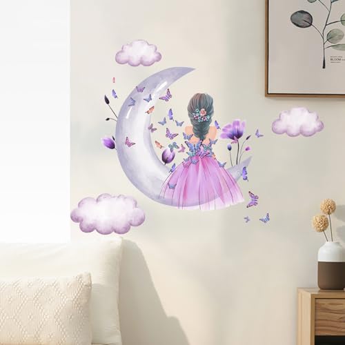 AIBAOBAO Schmetterlings Mädchen Wandaufkleber, Mond Wolken Blumen Fee Wandtattoo,rosa Blumen Wandbild, bunte Schmetterlinge, Wanddekoration, mädchen, schlafzimmer, wohnzimmer von AIBAOBAO