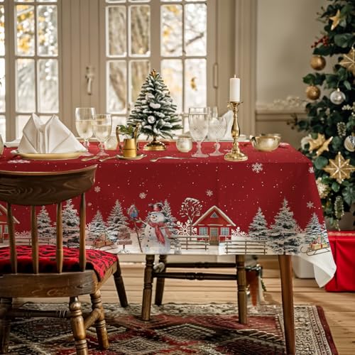 AIBIIN Weihnachtstischdecke, Winter, Schneemann, Schneeflocken, Haus, Weihnachtsbäume, waschbar, Tischdecke für Esszimmer, Picknick, Party, Tischdekoration, Zubehör, 142 x 213 cm, Rot AIBIIN Weihnachtstischdecke, Winter, Schneemann, Schneeflocken, Haus, Weihnachtsbäume, waschbar, Tischdecke für Esszimmer, Picknick, Party, Tischdekoration, Zubehör, 142 x 213 cm, Rot von AIBIIN