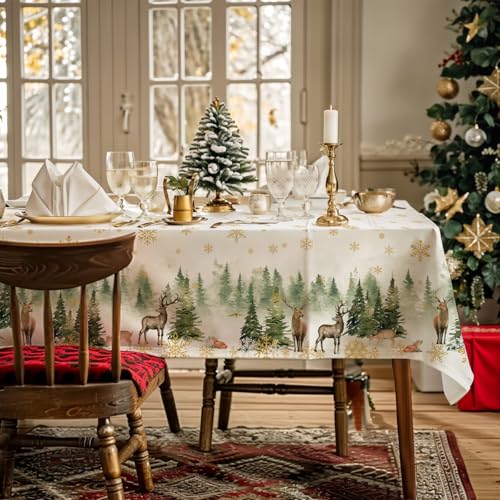 AIBIIN Weihnachtstischdecke, Winter, Wald, Goldener Schnee, Hirsch, wasserdichte Tischdecke, Feiertage, Tischdecke für Festival, Dinner-Party, 132 x 182 cm AIBIIN Weihnachtstischdecke, Winter, Wald, Goldener Schnee, Hirsch, wasserdichte Tischdecke, Feiertage, Tischdecke für Festival, Dinner-Party, 132 x 182 cm von AIBIIN
