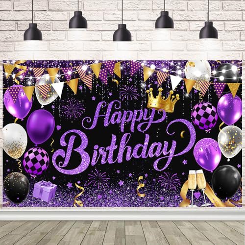 Happy Birthday Banner Lila Geburtstag Hintergrund Dekoration Supplies Luftballons und Krone Glitzer Pailletten Hintergrund Fotografie Hintergrund Schild für Frauen und Mädchen Feier Party Dekor 179,8 von AIBIIN
