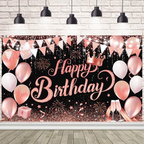 Rosa Happy Birthday Banner Geburtstag Hintergrund Dekoration Supplies Luftballons und Krone Glitzer Pailletten Hintergrund Fotografie Hintergrund Schild für Frauen und Mädchen Feier Party Dekor 179,8 von AIBIIN