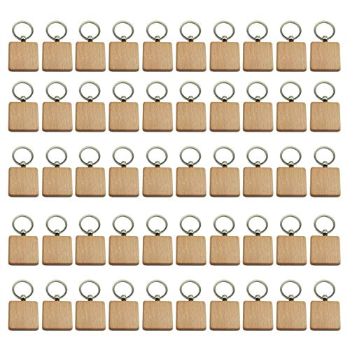 AID 50 Stück Schlüsselanhänger aus unbehandeltem Holz, quadratisch, geschnitzt, aus Holz, 40 x 40 mm von AID