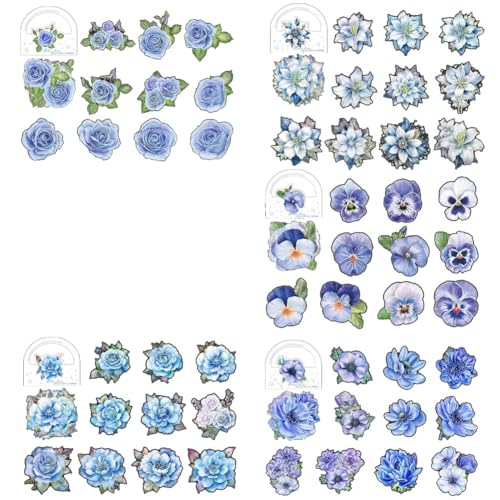 AIDIRui 50 Stück Blaue Blumenaufkleber - Große Blumenaufkleber mit Goldenen Konturen, Glitzernd, Glänzend, Wasserfest, Dekorative Aufkleber von AIDIRui