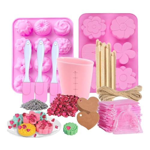 AIDIRui Set Von Seifenherstellungs-Werkzeug: Seifenform, Messbecher, Organzabeutel, Holzrührstab, Getrocknete Blumen für die Herstellung (Pink) von AIDIRui