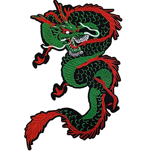 Grüner Drachenaufnäher, bestickt, zum Aufbügeln, großer Drache, zum Aufnähen für Kleidung, Jacken, DIY-Kostüme (Grün / Rot) von AIDVPOD