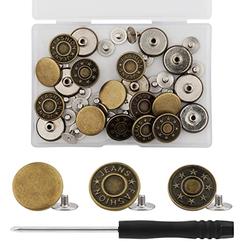 20 Sets 17mm Jeansknöpfe zum Schrauben Jean Buttons Ersatz Kein Nähen Abnehmbar Jeans Knöpfe aus Metall für Jeanskleidung Jeans Hosentaschen (Bronze, 3 Muster) von AIEX