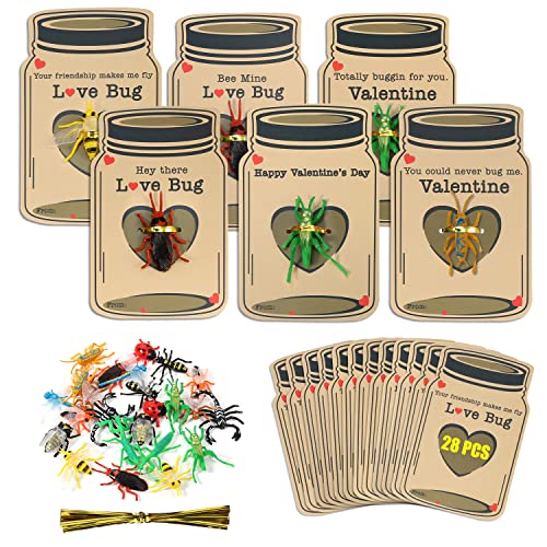 AIEX 28 Packungen Valentinstagskarten für Kinder, Valentinstagskarten mit niedlichen Liebeskäfer-Spielzeugen, Verschiedene Käfer, Valentinstagsgeschenke für Kinder, Schule von AIEX