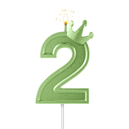 7,6cm Geburtstag Nummer Kerzen, 3D Zahlen Geburtstagskerzen mit Krone Geburtstagskerzen für Torte Zahlen Kuchenzahlenkerzen für Geburtstag Jahrestag Partys (Grün; 2) von AIEX