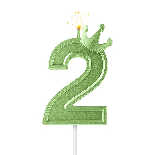 7,6cm Geburtstag Nummer Kerzen, 3D Zahlen Geburtstagskerzen mit Krone Geburtstagskerzen für Torte Zahlen Kuchenzahlenkerzen für Geburtstag Jahrestag Partys (Grün; 2) von AIEX