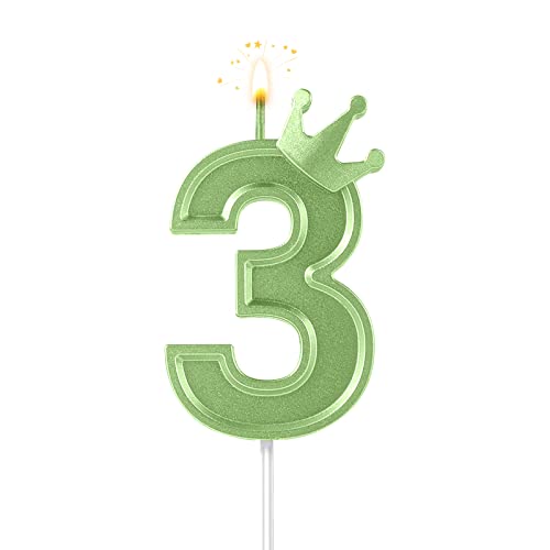 7,6cm Geburtstag Nummer Kerzen, 3D Zahlen Geburtstagskerzen mit Krone Geburtstagskerzen für Torte Zahlen Kuchenzahlenkerzen für Geburtstag Jahrestag Partys (Grün; 3) von AIEX